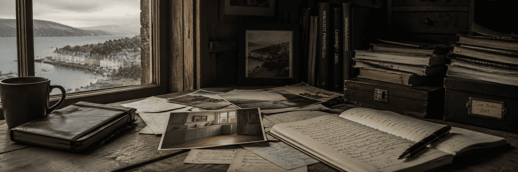 A weathered wooden desk covered with notebooks, old photographs and loose papers beside a rain-streaked window overlooking a quiet Welsh harbour, creating a thoughtful, reflective atmosphere.