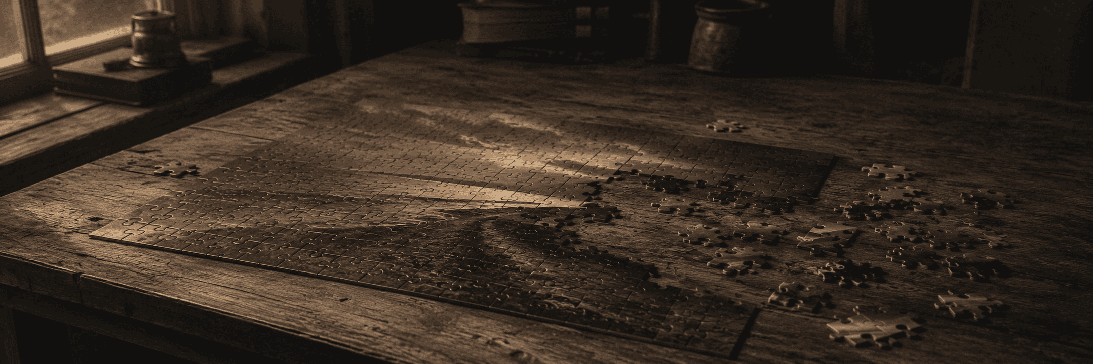 A half-finished jigsaw puzzle lies on an old wooden table in dim light, with scattered pieces waiting to be fitted into the picture.