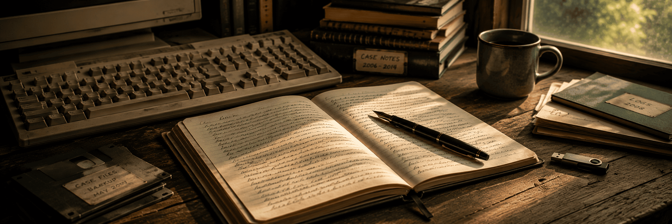 Old computer keyboard beside a handwritten notebook and fountain pen on a wooden desk in warm afternoon light.