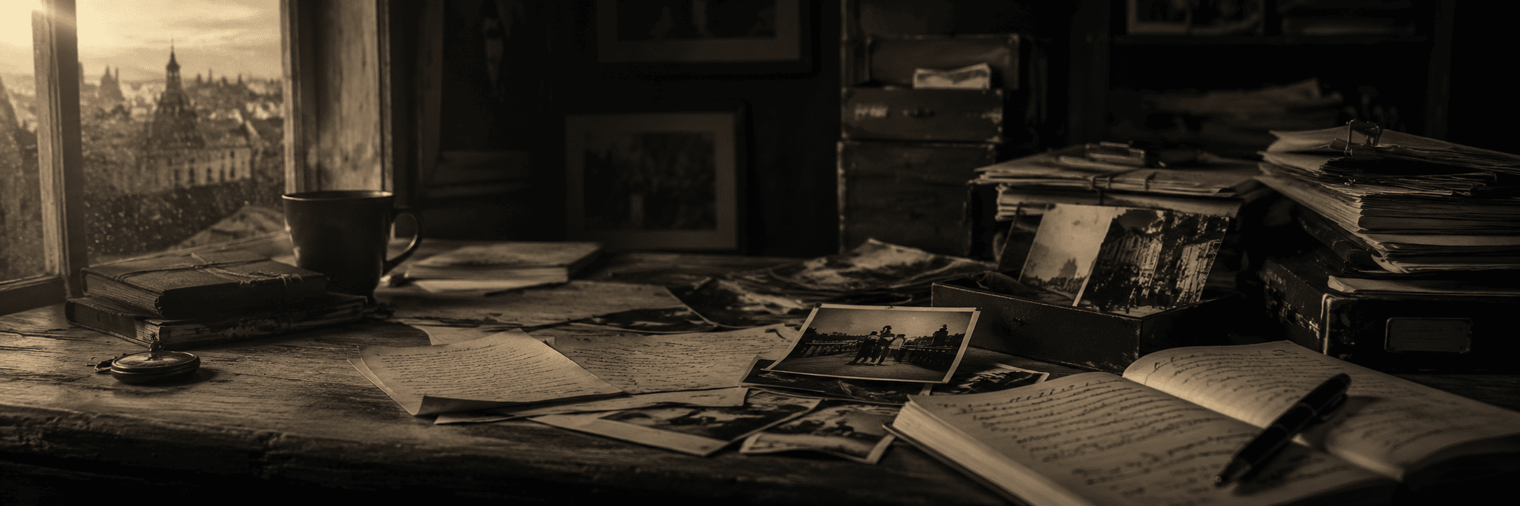 A wooden desk covered with old photographs, handwritten letters, notebooks and archive boxes beside a rain-speckled window, illuminated by warm evening light.