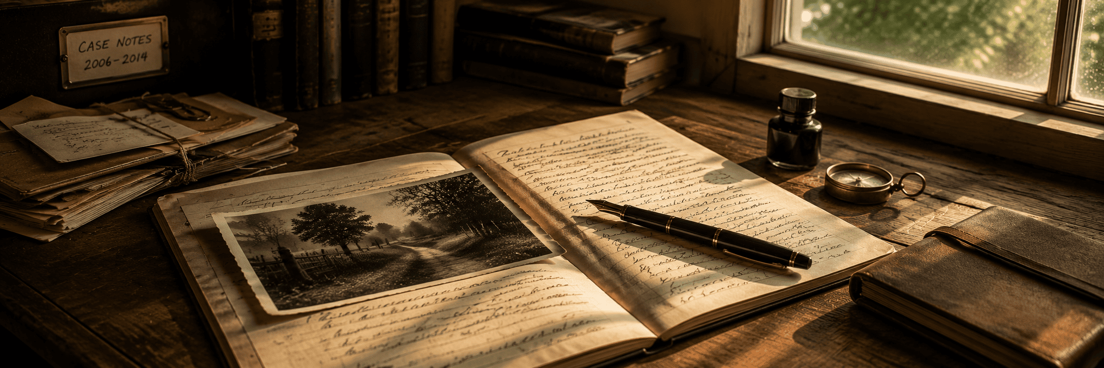 Old photograph, handwritten notebook and fountain pen on a wooden desk in warm afternoon light.